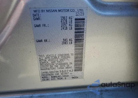 2024 Nissan Altima Sv z USA, uszkodzony, nr VIN 1N4BL4DV7RN360742